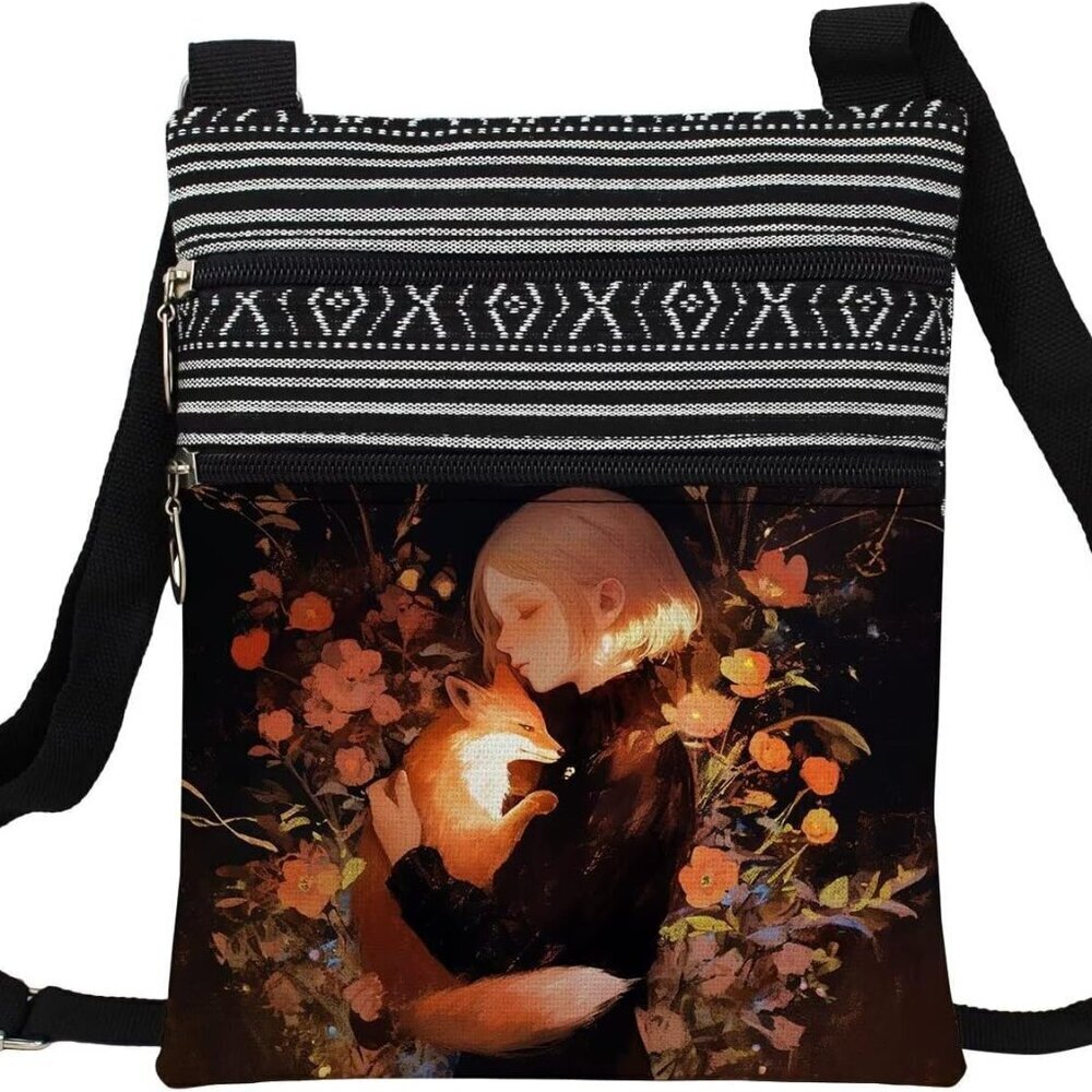 Floral Fox Messenger Bag Small Ethnic Pattern Adjustable Crossbody Wallet Purse